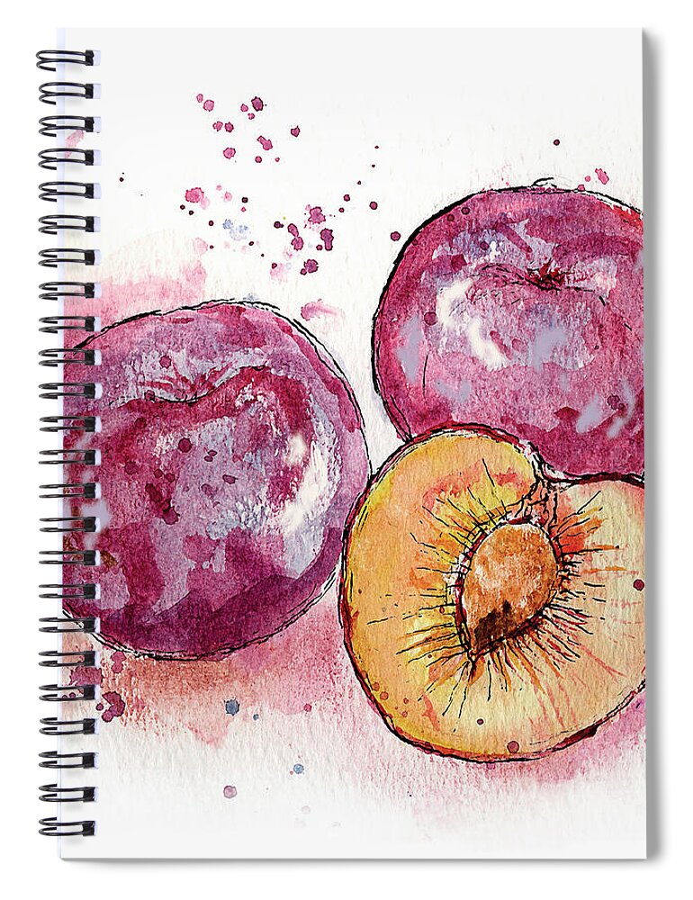 Art Spiral Notebook featuring the painting Close Up Of Three Plums by Ikon Ikon Images