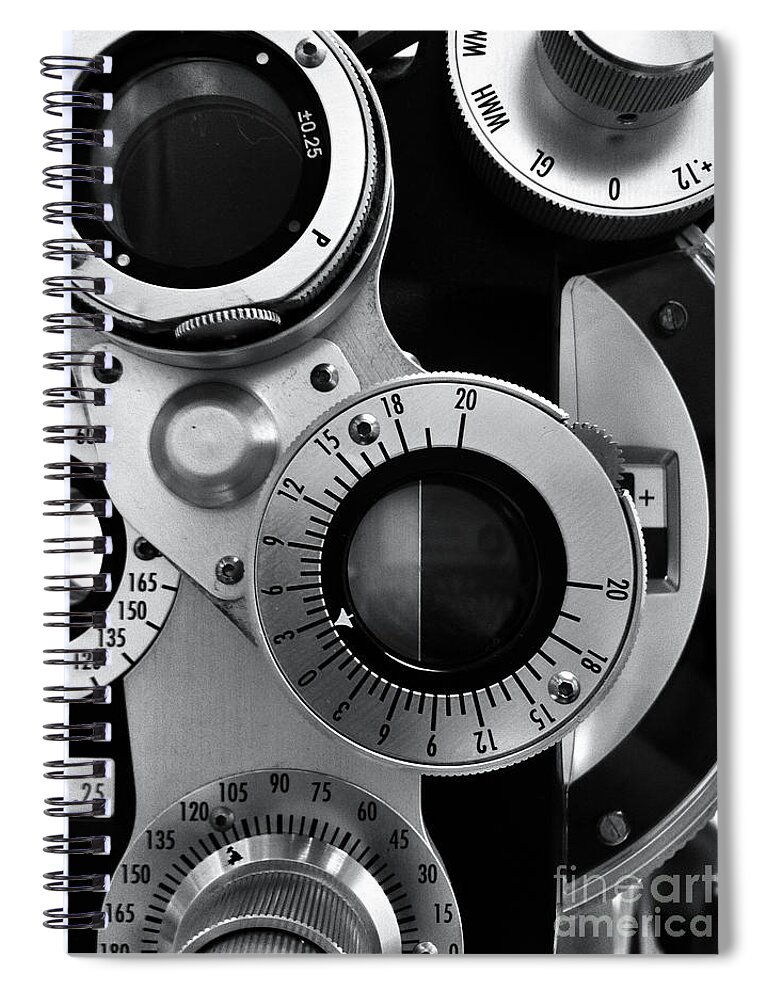 Black And White Spiral Notebook featuring the photograph Closeup of a Phoropter Eye Examination Equipment by Amy Cicconi