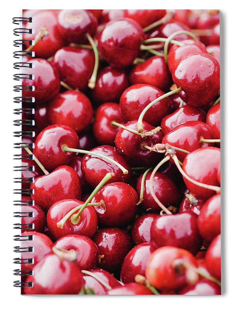 Cherry Spiral Notebook featuring the photograph Closeup Of Fresh Cherries by Miemo Penttinen - Miemo.net