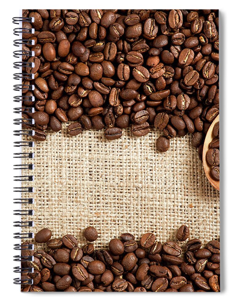 Material Spiral Notebook featuring the photograph Coffee Beans On Burlap by Barcin