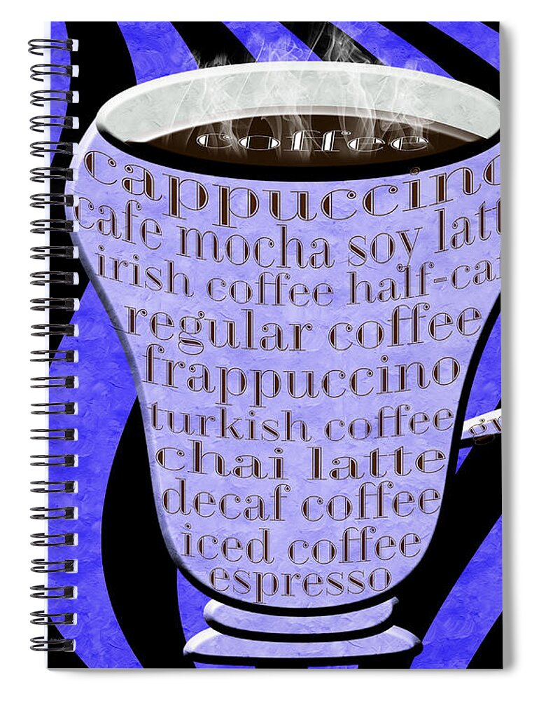 Coffee Spiral Notebook featuring the digital art Coffee Cup With Stripes Typography Periwinkle by Andee Design