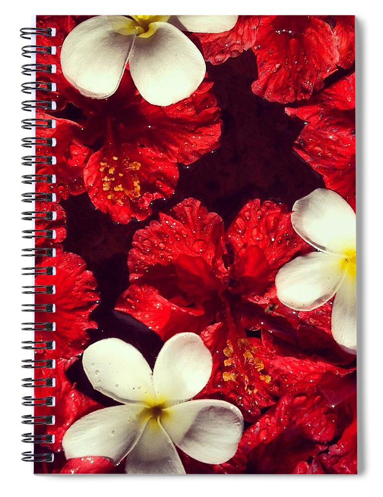 Outdoors Spiral Notebook featuring the photograph Collage Of Red Hibiscus And Plumeria by Sarah Mcmullan