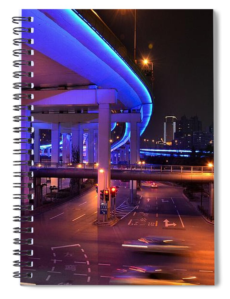 Cars Spiral Notebook featuring the photograph Colorful night traffic scene in Shanghai China by Imran Ahmed