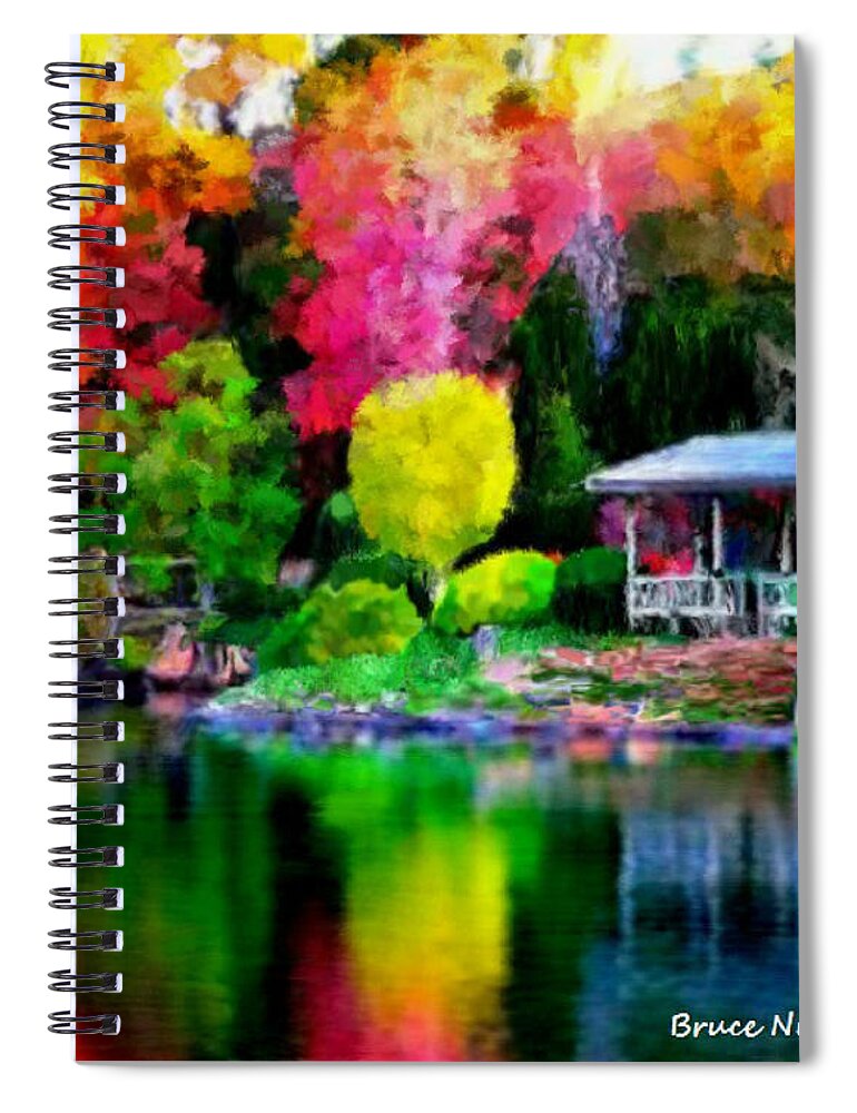 Colorful Spiral Notebook featuring the painting Colorful Park at the Lake by Bruce Nutting
