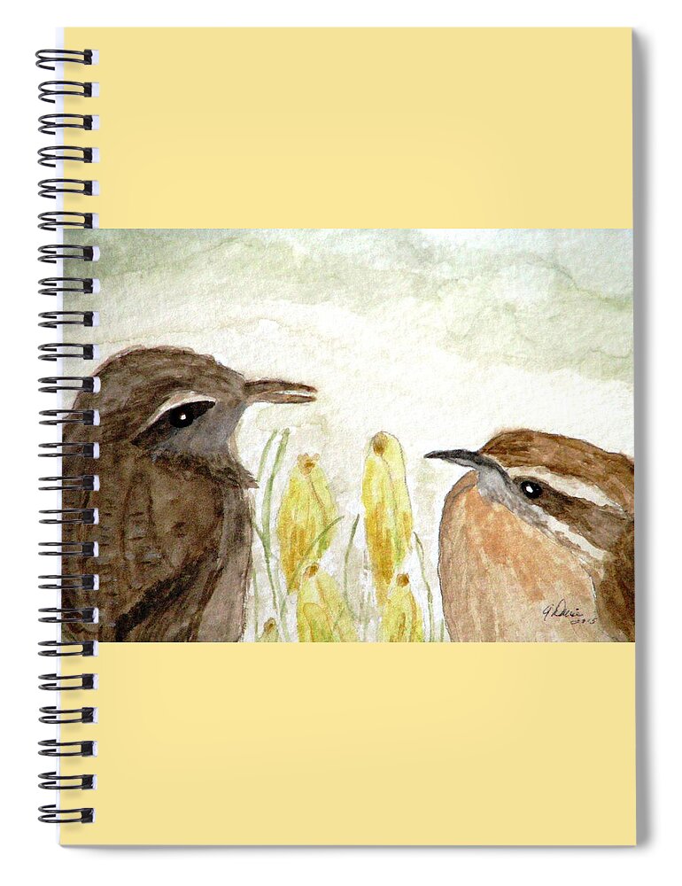 Carolina Wrens Spiral Notebook featuring the painting Conversation In The Crocus by Angela Davies