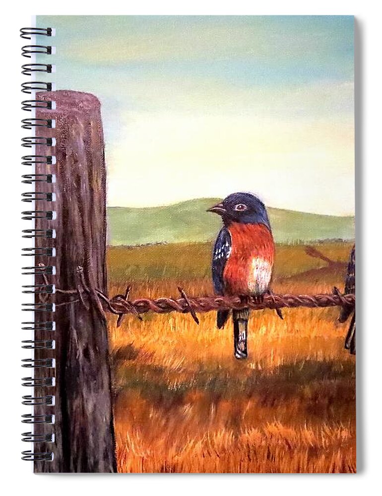 Two Bluebirds Sitting On A Barbed Wire Fence Female Is Looking Over To The Male Bird Who Is Looking Over At The Fencepost Humorous Commentary Piece On Conversation Between The Sexes Background With Background With Blue Golden Green Mountains With Golden Blue Skies And Light Whispy Clouds Overhead Foreground With Golden Brown Grassy Fields Detail On Barbed Wire Fence And Post Great Nature Scene Bird Paintings Acrylic Paintings Spiral Notebook featuring the painting Conversation with a Fencepost by Kimberlee Baxter
