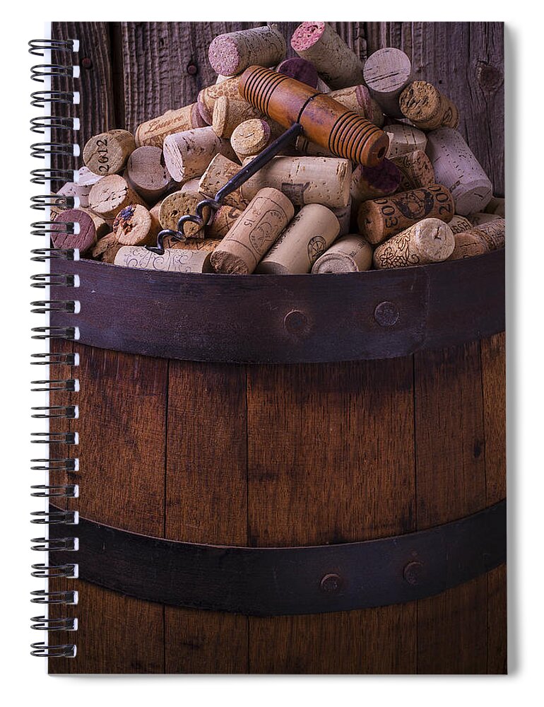 Corkscrew Spiral Notebook featuring the photograph Corkscrew And Corks On Wine Barrel by Garry Gay