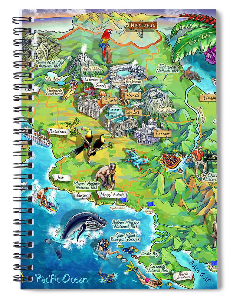 Costa Rica Spiral Notebook featuring the painting Costa Rica map illustration by Maria Rabinky