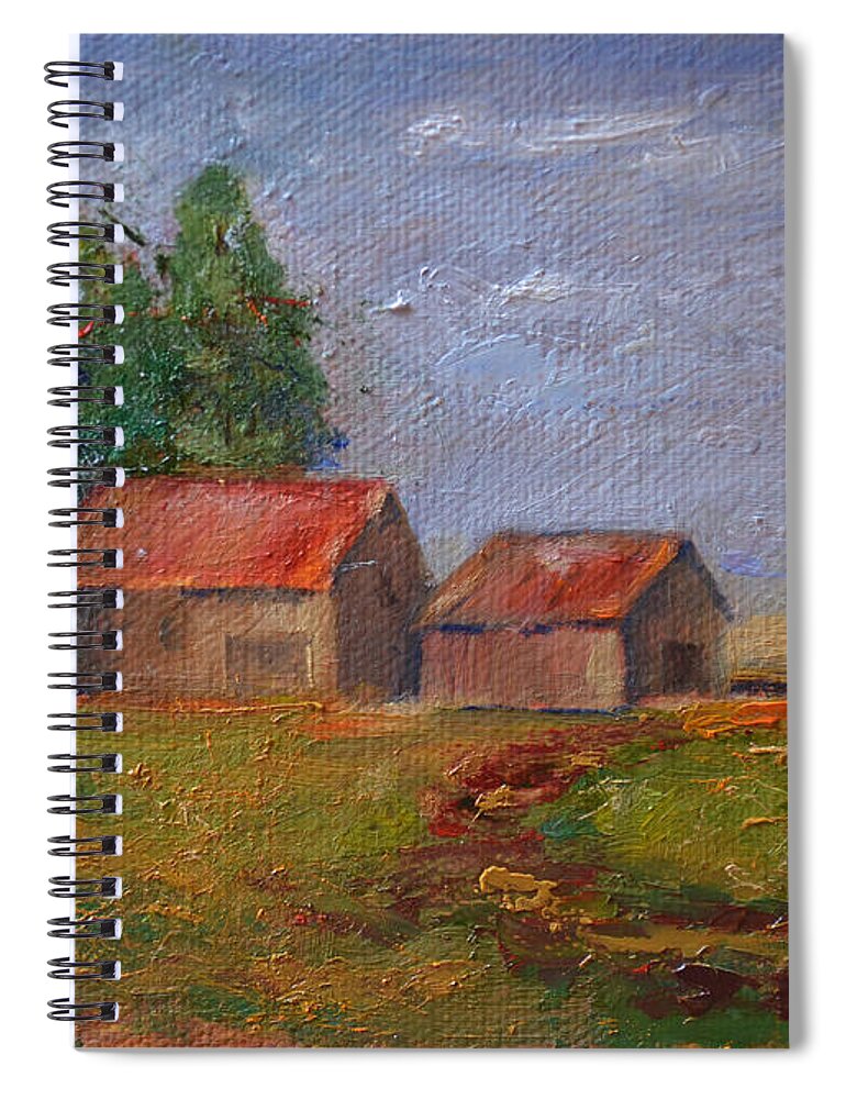 Countryside Building Tree Roadway Green Red Clouds Sky Meadow Barn Home Rural Alabama Spiral Notebook featuring the painting Countryside by Patricia Caldwell