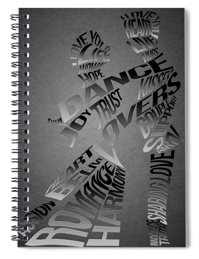 Couple Dancing Silhouettes Spiral Notebook featuring the painting Couple Dance Typography Silhouettes by Georgeta Blanaru