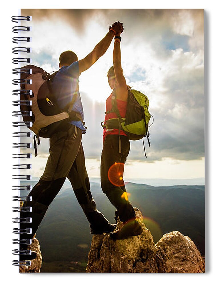Scenics Spiral Notebook featuring the photograph Couple On Top Of A Mountain Shaking by Vm