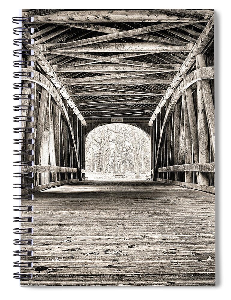 Bridge Spiral Notebook featuring the photograph Covered Bridge B n W by Scott Wood