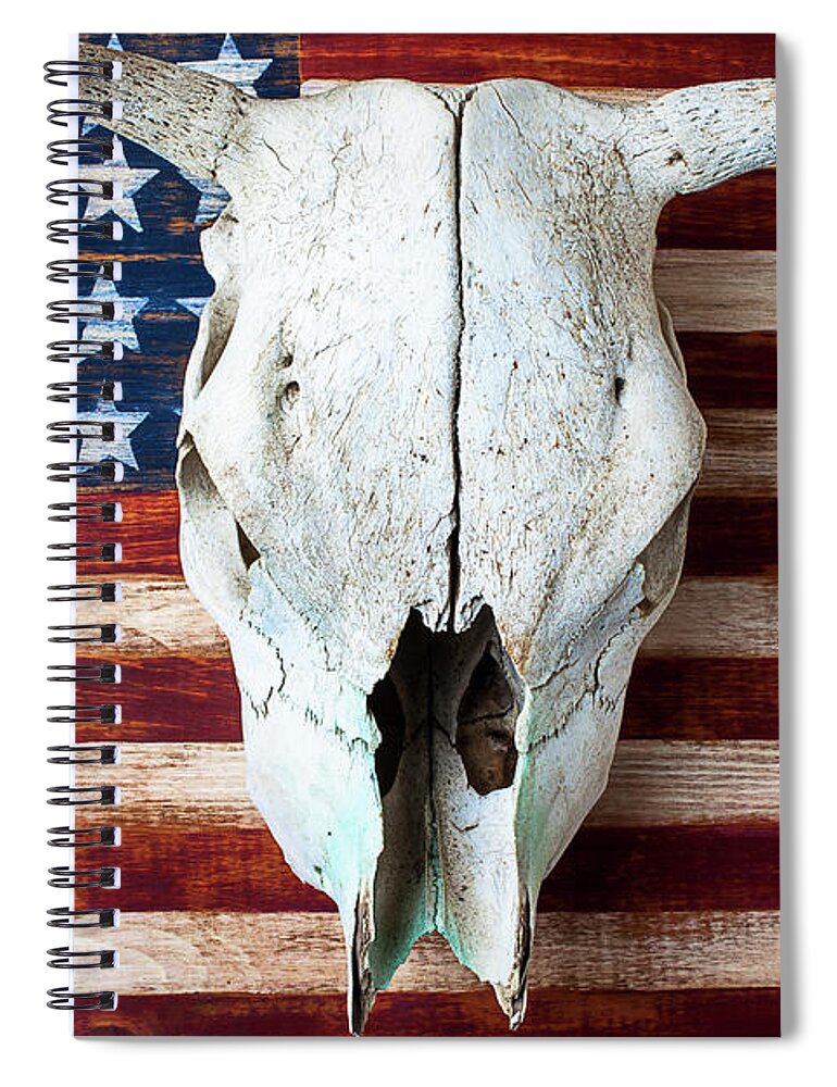 Animal Skull Spiral Notebook featuring the photograph Cow Skull And American Flag by Garry Gay