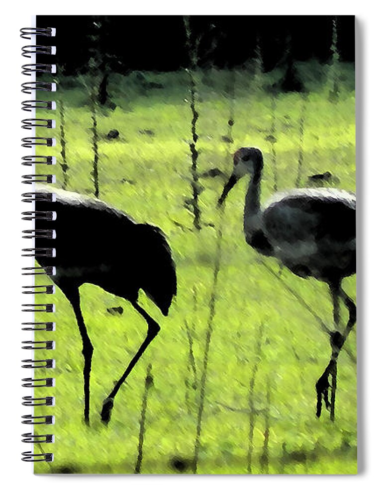 Sandhill Spiral Notebook featuring the painting Cranes with Baby Close Behind by George Pedro