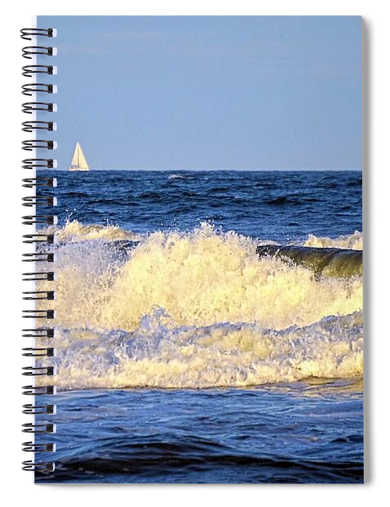 Waves Spiral Notebook featuring the photograph Crashing Waves and White Sails by Sharon Woerner