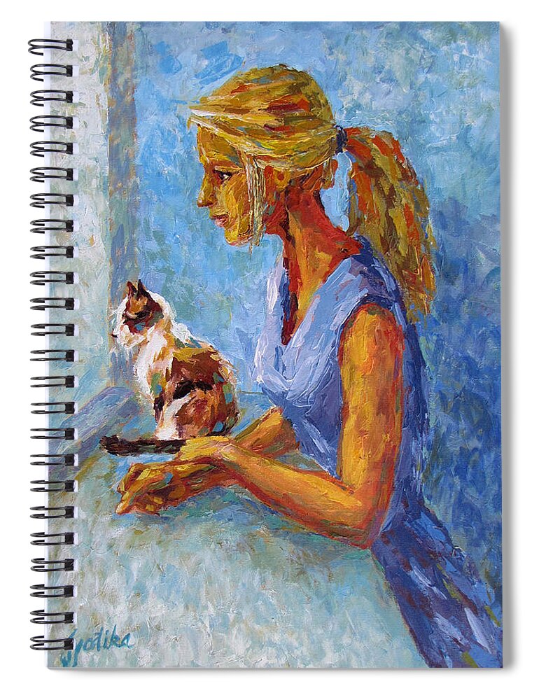 Girl And Cat Spiral Notebook featuring the painting Curiosity by Jyotika Shroff