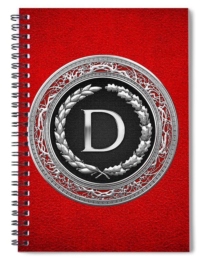 C7 Vintage Monograms 3d Spiral Notebook featuring the digital art D - Silver Vintage Monogram on Red Leather by Serge Averbukh