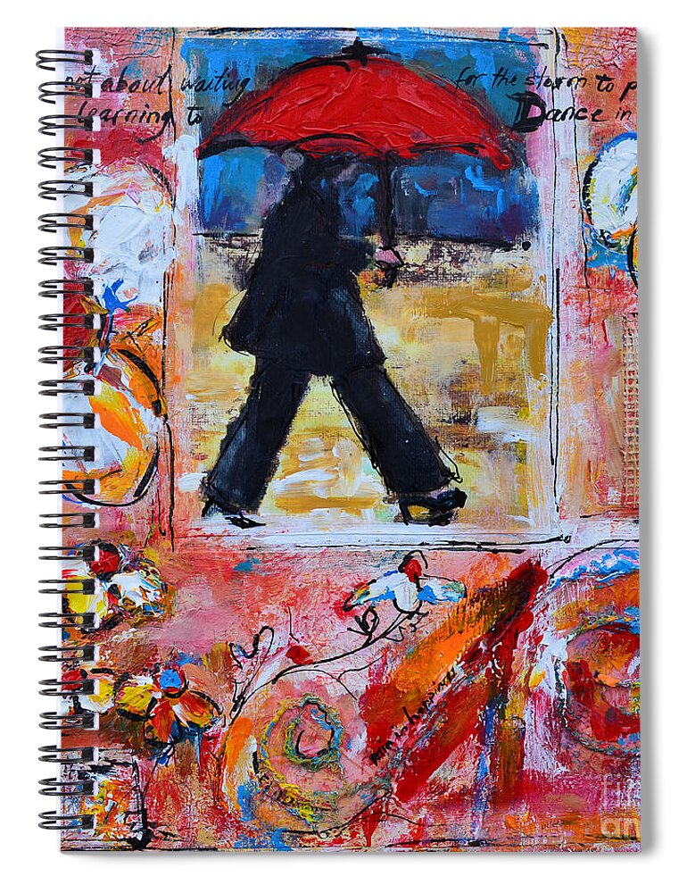 Dance In The Rain Under A Red Umbrella Mixed Media Acrylic Painting Spiral Notebook featuring the painting Dance in the rain under a red umbrella by Patricia Awapara