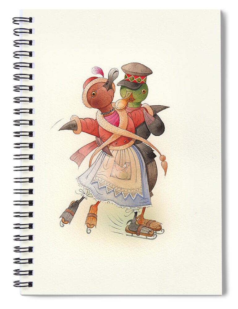 Christmas. Winter Spiral Notebook featuring the painting Dancing Ducks 02 by Kestutis Kasparavicius