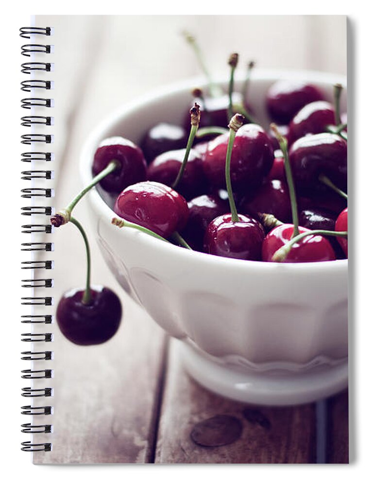 Cherry Spiral Notebook featuring the photograph Dark Red Cherries In White Bowl by Copyright Anna Nemoy(xaomena)