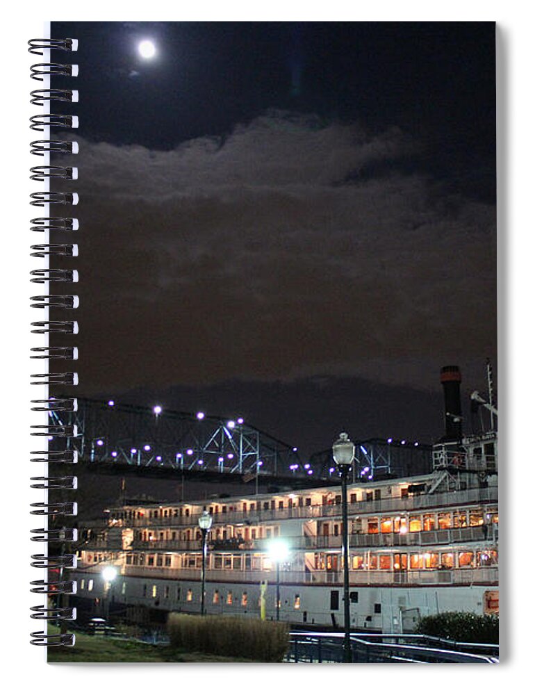 Delta Queen Steamboat Spiral Notebook featuring the photograph Delta Queen Under a Full Moon by Kathy White