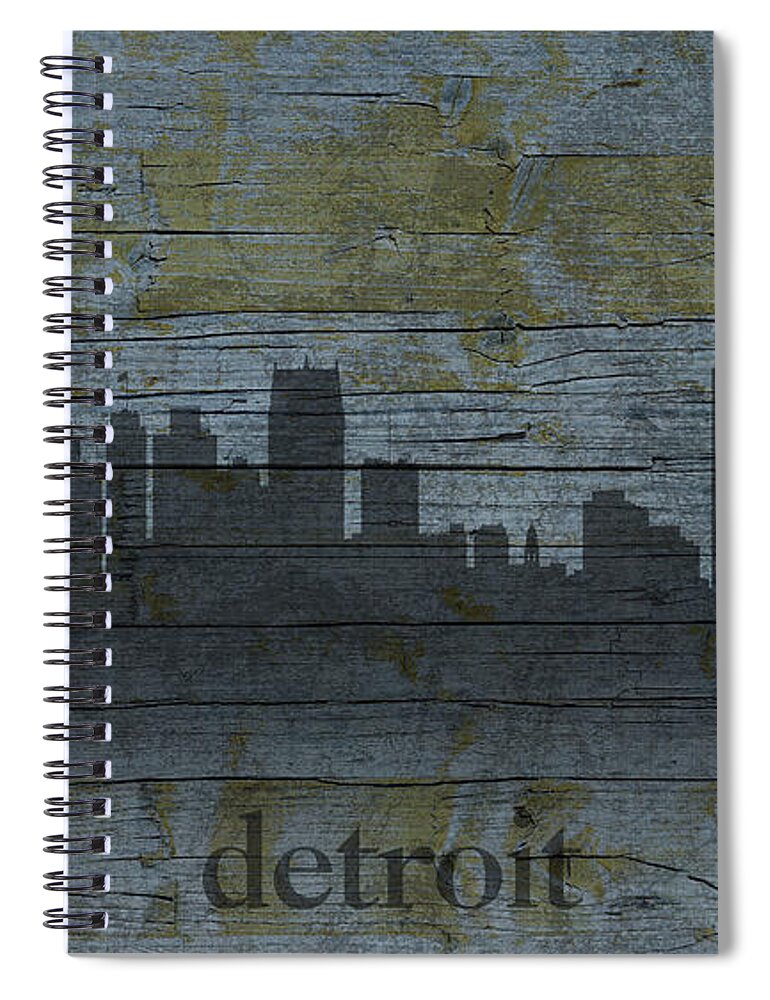 Detroit Spiral Notebook featuring the mixed media Detroit Michigan City Skyline Silhouette Distressed on Worn Peeling Wood by Design Turnpike
