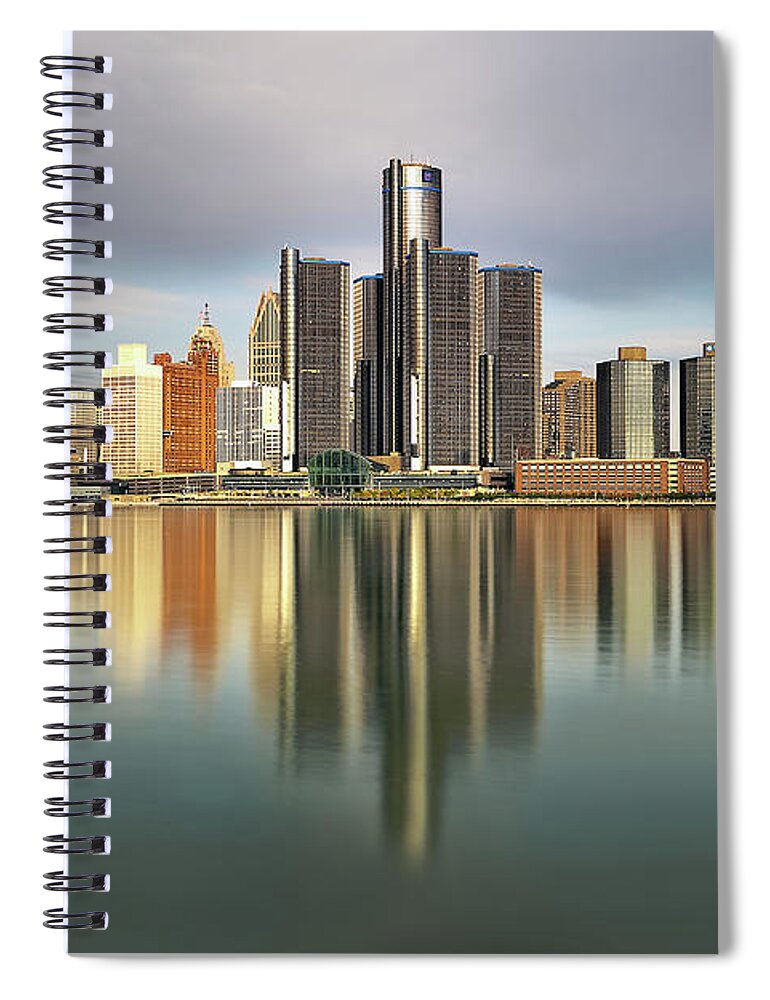 Detroit Spiral Notebook featuring the photograph Detroit Michigan Skyline Reflections by Linda Goodhue Photography