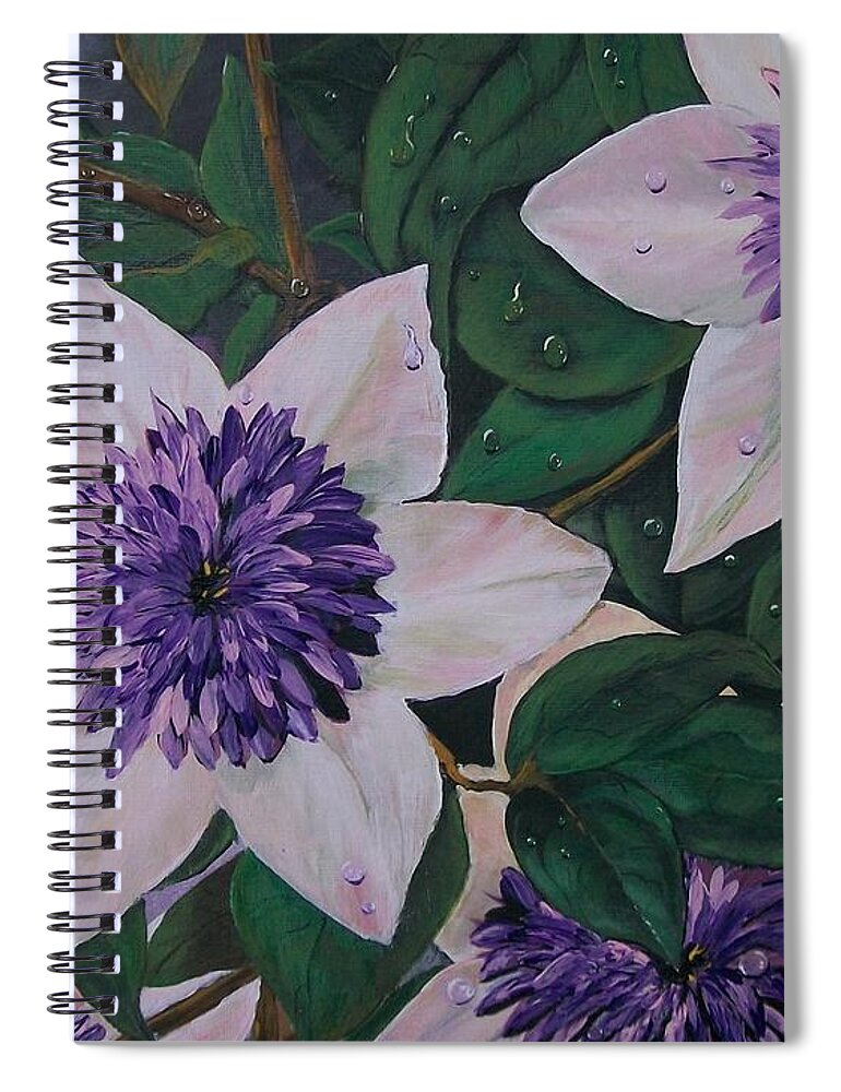 Clematis Spiral Notebook featuring the painting Clematis after the Rain by Sharon Duguay