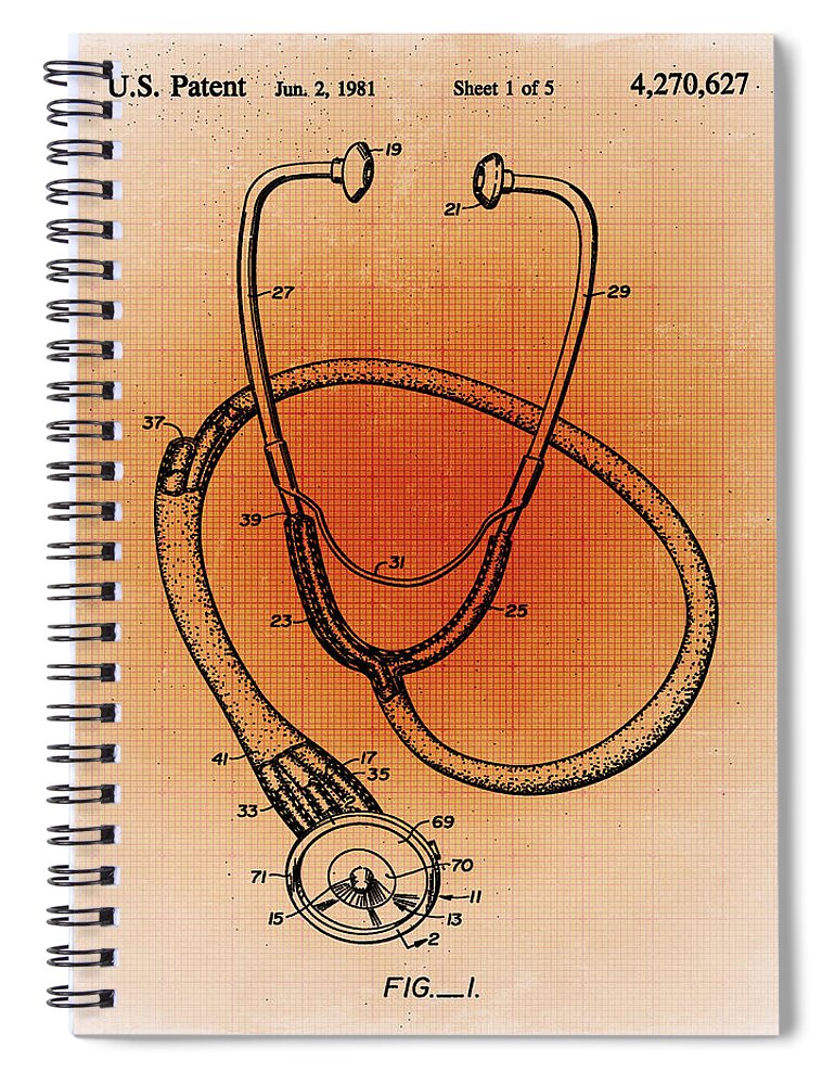 Blueprint Spiral Notebook featuring the drawing Doctor Stethoscope 1 Patent Blueprint Drawing Sepia by Tony Rubino