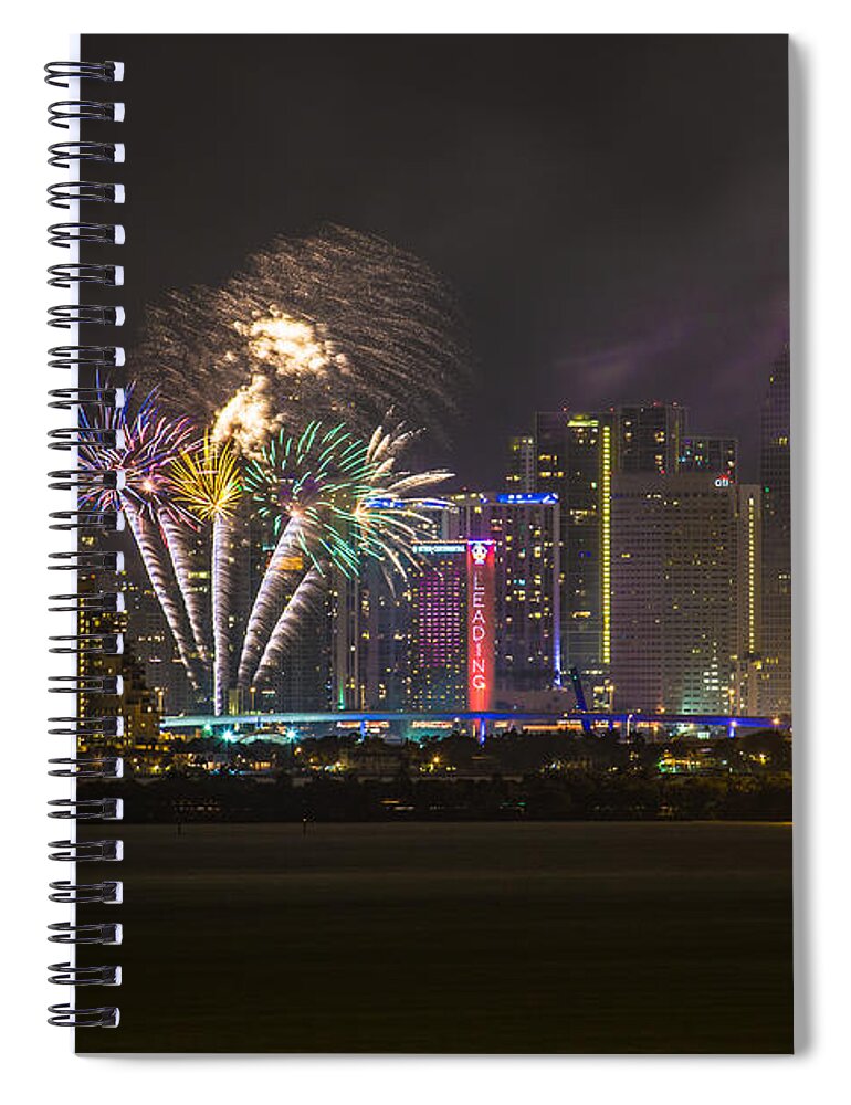 Fireworks Spiral Notebook featuring the photograph Downtown Miami Fireworks View by Rene Triay FineArt Photos