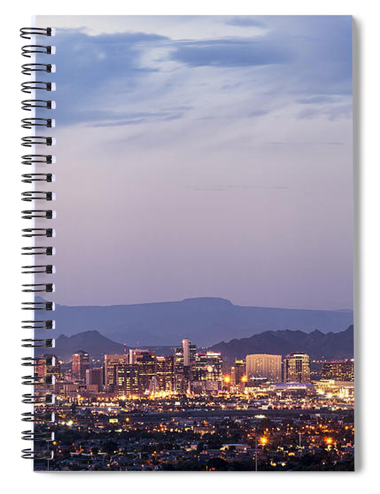 Downtown Spiral Notebook featuring the photograph Downtown Phoenix Arizona dusk panorama by Ken Brown