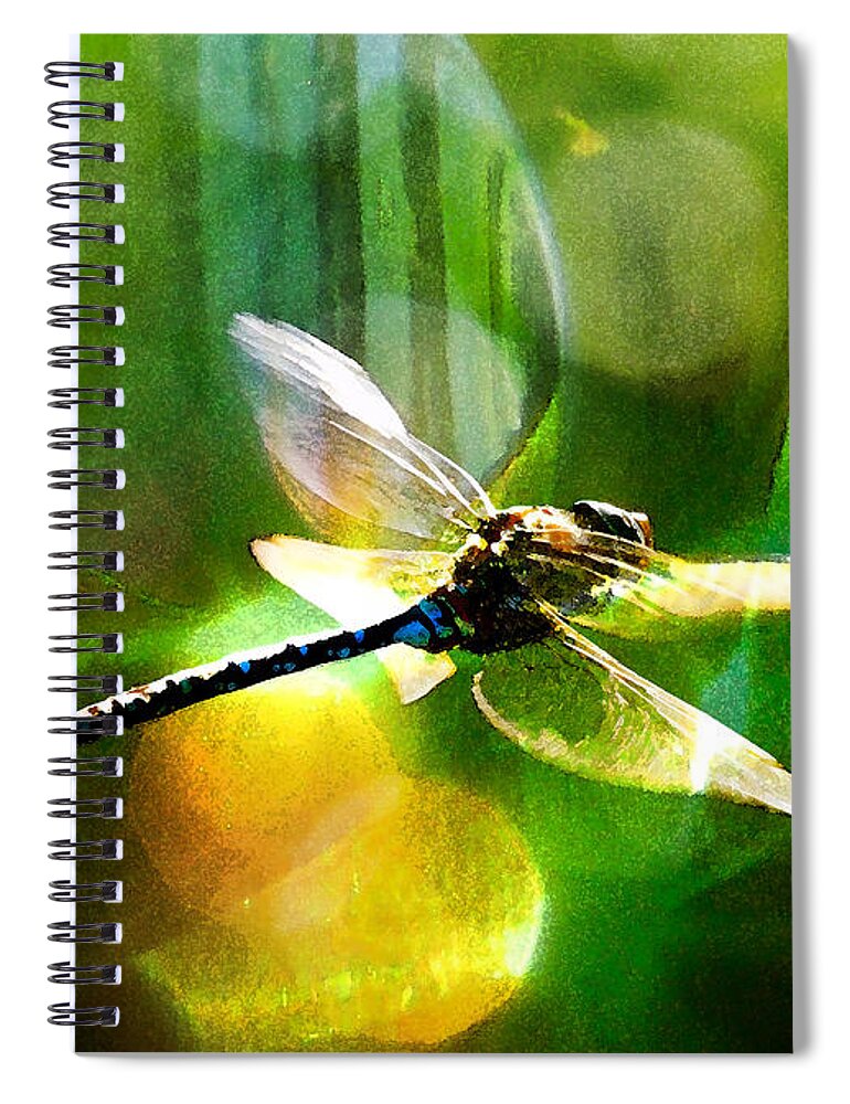 Dragonfly Spiral Notebook featuring the mixed media Dragonfly In Sunlight - Yellow Sunlight by Marie Jamieson