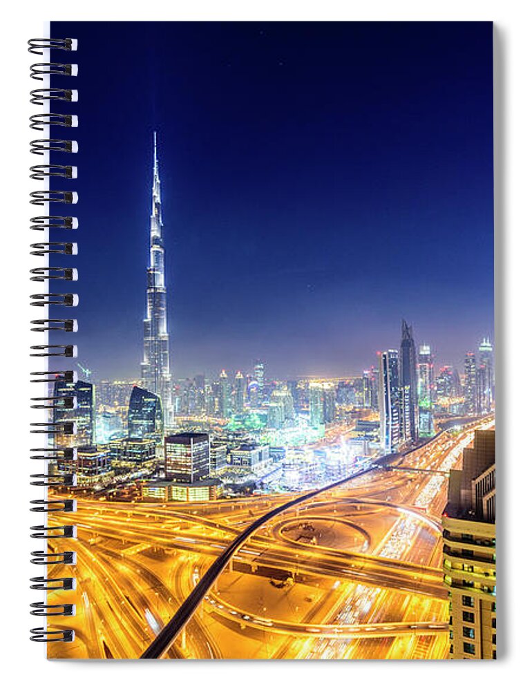 Arabia Spiral Notebook featuring the photograph Dubai Downtown Skyline At Night by Johnnygreig