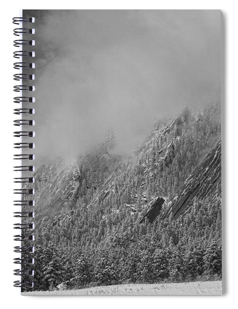 Flatirons Spiral Notebook featuring the photograph Dusted Flatirons Low Clouds Boulder Colorado BW by James BO Insogna