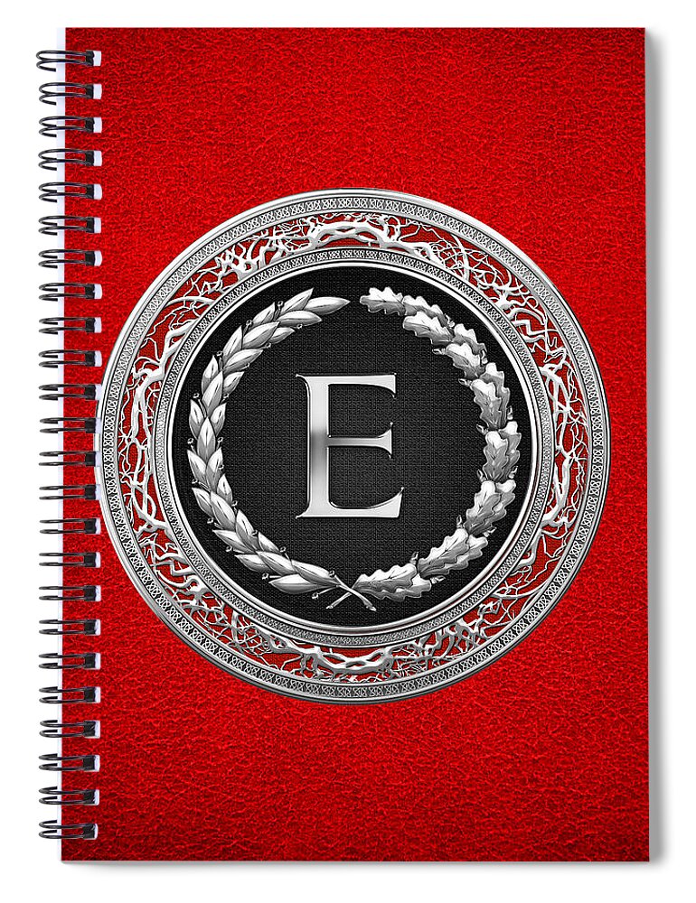 C7 Vintage Monograms 3d Spiral Notebook featuring the digital art E - Silver Vintage Monogram on Red Leather by Serge Averbukh