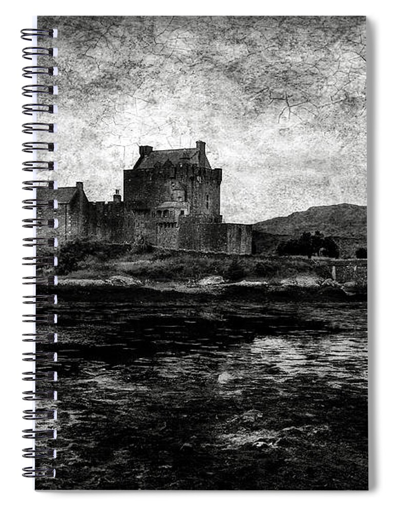 Eilean Spiral Notebook featuring the photograph Eilean Donan castle in Scotland BW by RicardMN Photography
