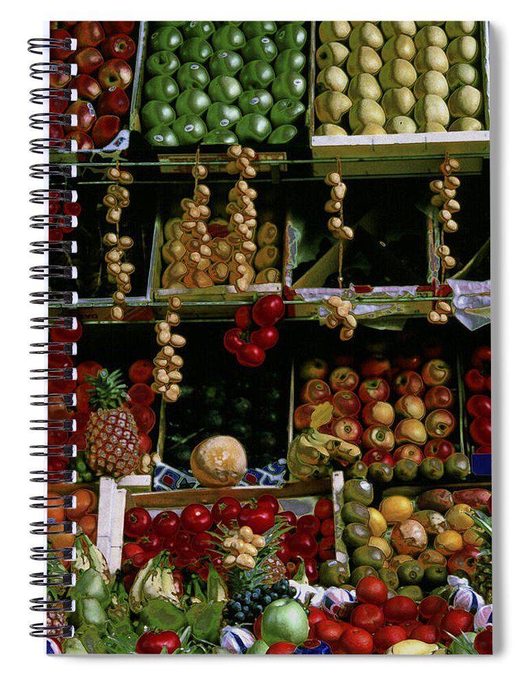 Glowing Spiral Notebook featuring the photograph Glowing Paris Fruit Display by Tom Wurl