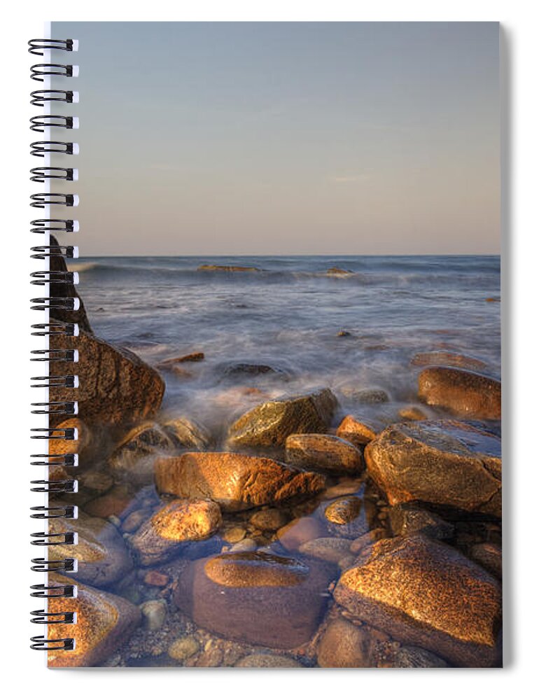 Montauk Spiral Notebook featuring the photograph Evening glow at the shore by Steve Gravano