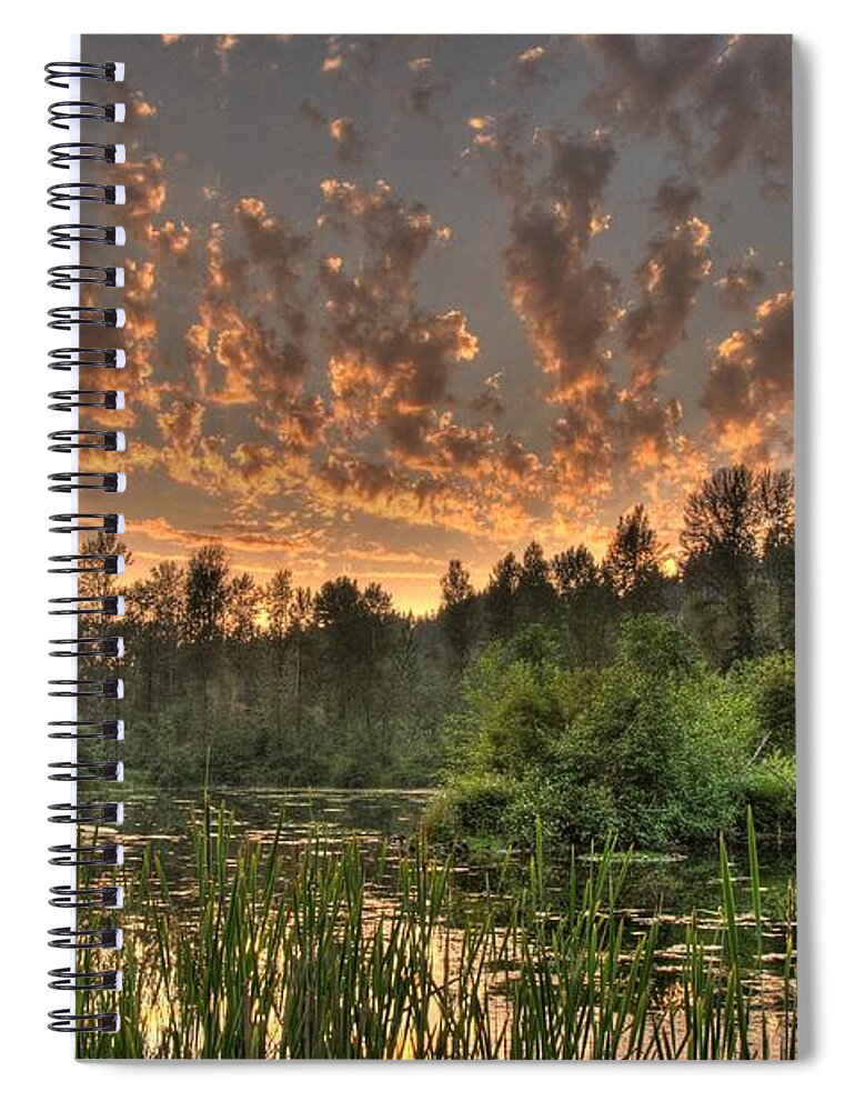 Pondsunsetlandscapescenic Spiral Notebook featuring the photograph Evening Pond by Jeff Cook