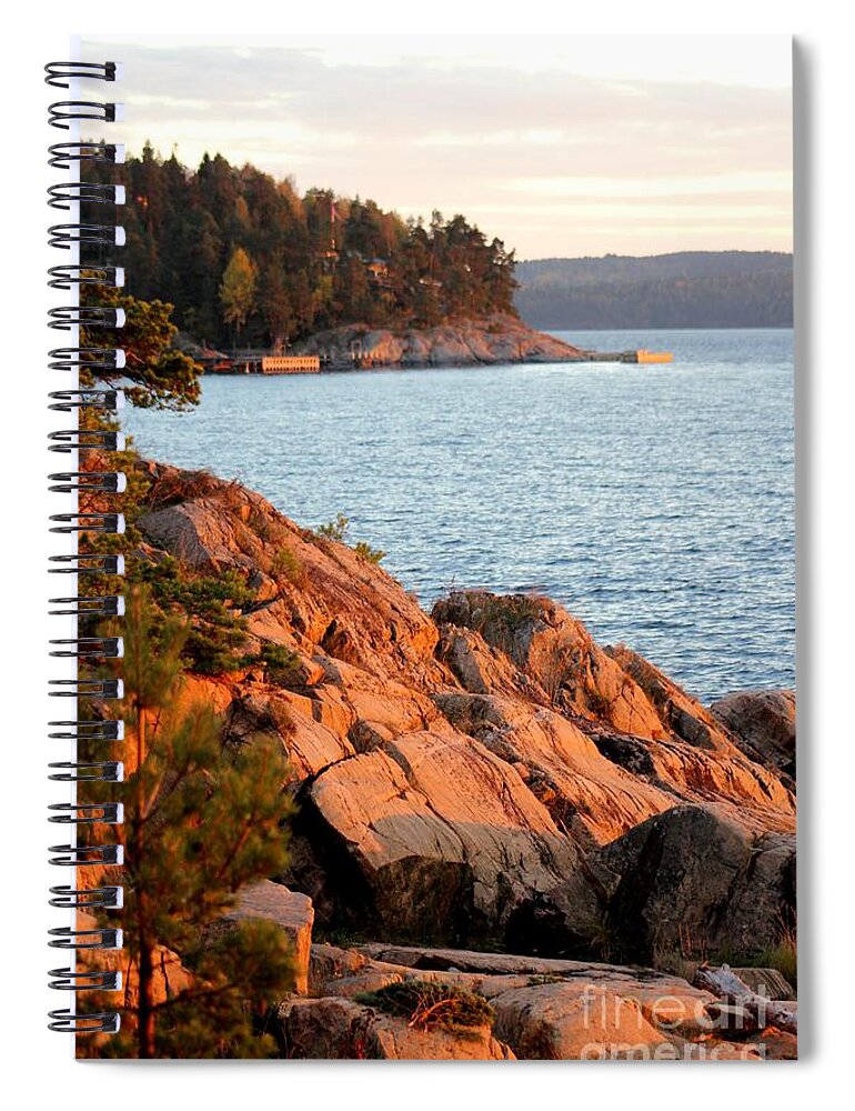 Landscape Water Waterfront Summer Sunset Sun Rocks Rock Nature View Panorama Fjord Fjords Outdoors Nature Hiking Beautiful Norway Scandinavia Europe Sky Blue Grey White Beige Brown Black Blue Orange Green Spiral Notebook featuring the photograph Evening Sun by the Waterfront by Jeanette Rode Dybdahl