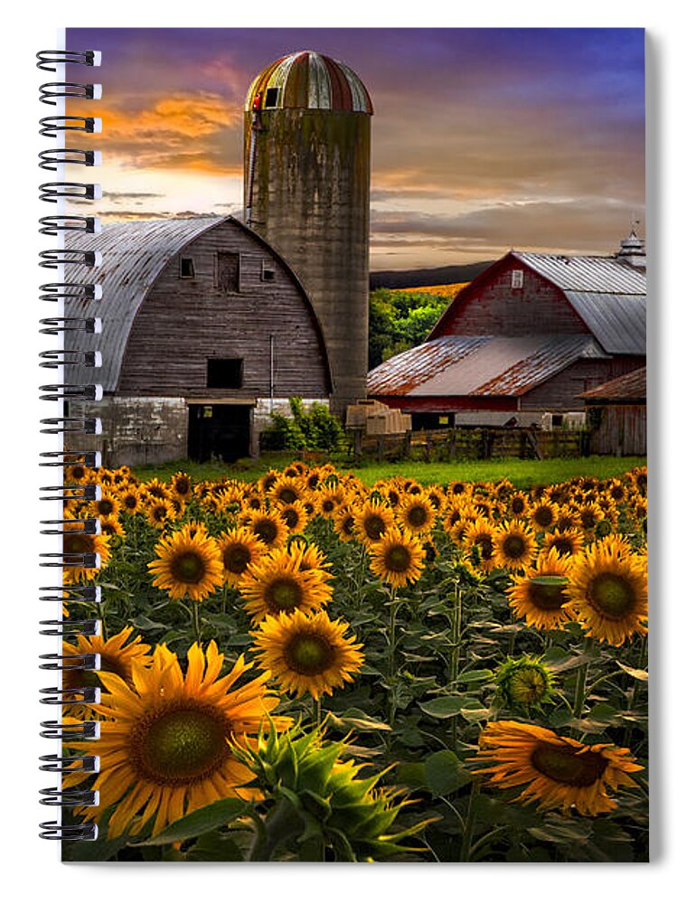 Barn Spiral Notebook featuring the photograph Evening Sunflowers by Debra and Dave Vanderlaan