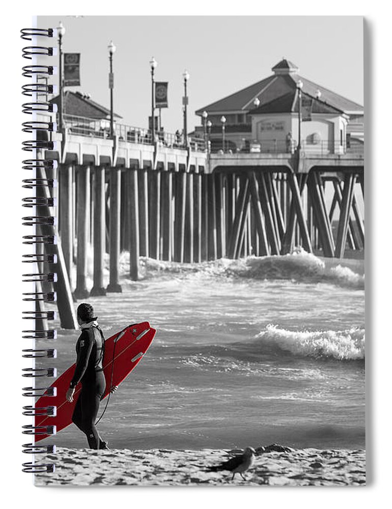 Huntington Beach Spiral Notebook featuring the photograph Existential Surfing At Huntington Beach Selective Color by Scott Campbell