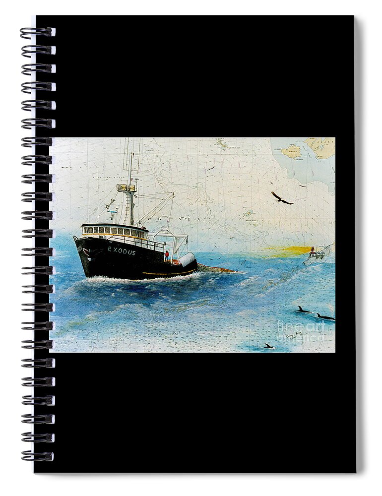Exodus Spiral Notebook featuring the painting EXODUS AK Trawl Fish Boat Cathy Peek Nautical Chart Art by Cathy Peek