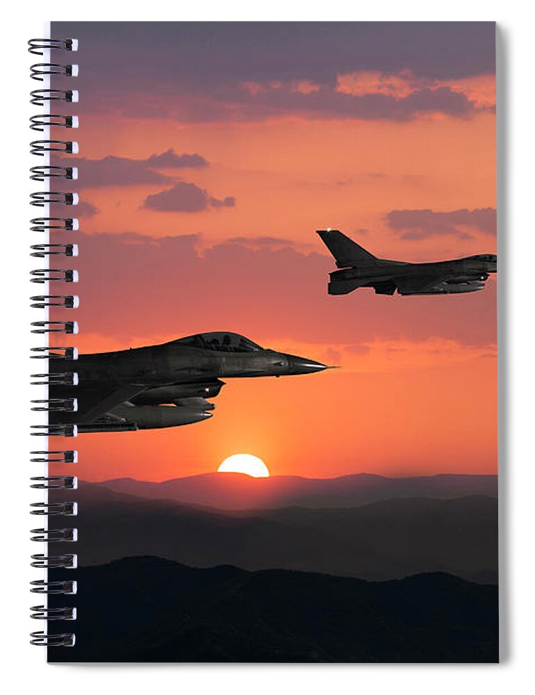 Orange Color Spiral Notebook featuring the photograph Fıghter Jet In Flight At Sunset by Guvendemir