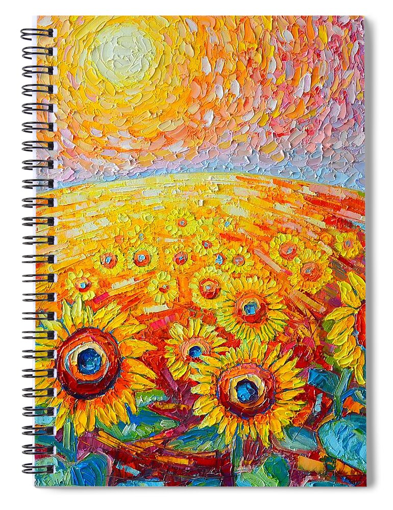 Sunflower Spiral Notebook featuring the painting Fields Of Gold - Abstract Landscape With Sunflowers In Sunrise by Ana Maria Edulescu