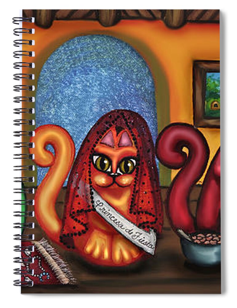 Folk Art Spiral Notebook featuring the painting Fiesta Cats or Gatos de Santa Fe by Victoria De Almeida
