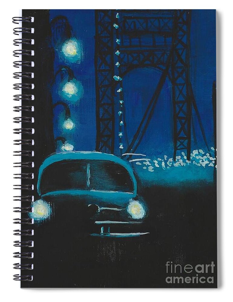 #film Noir #retro #1940's #cars #bridges Spiral Notebook featuring the painting Film Noir in Blue #1 by Allison Constantino