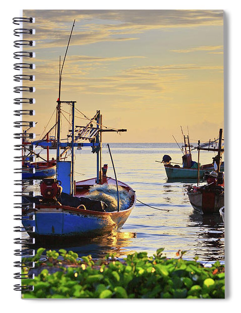 Tranquility Spiral Notebook featuring the photograph Fishing Boats At Huahin Beach by Monthon Wa