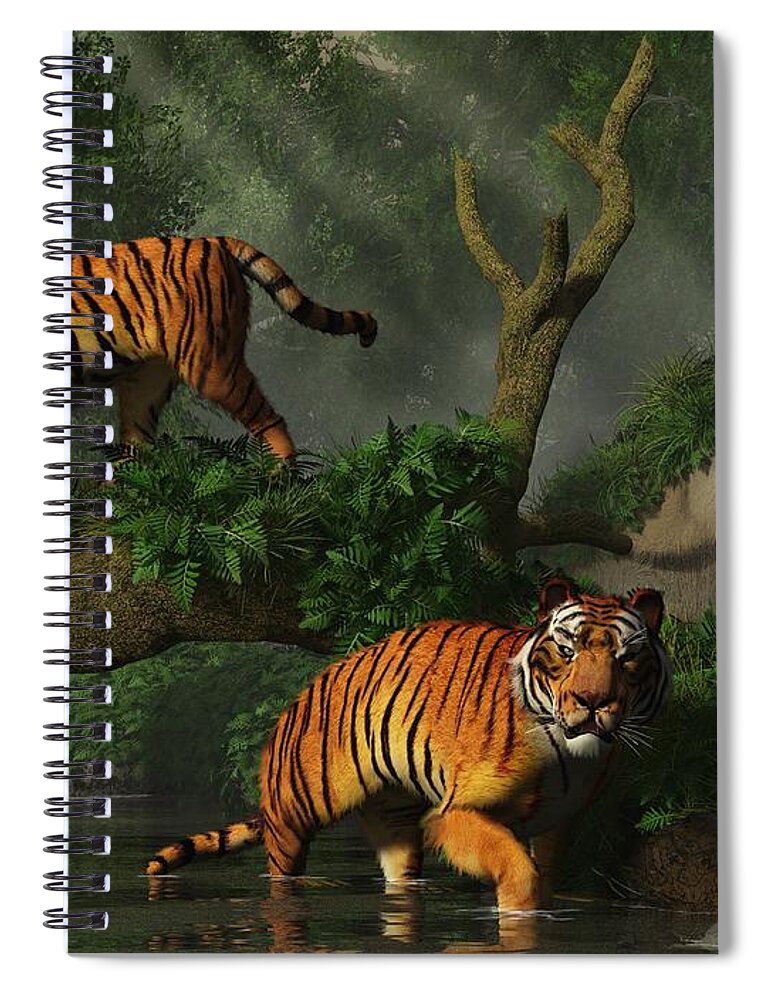 Tiger Spiral Notebook featuring the digital art Fishing Tigers by Daniel Eskridge