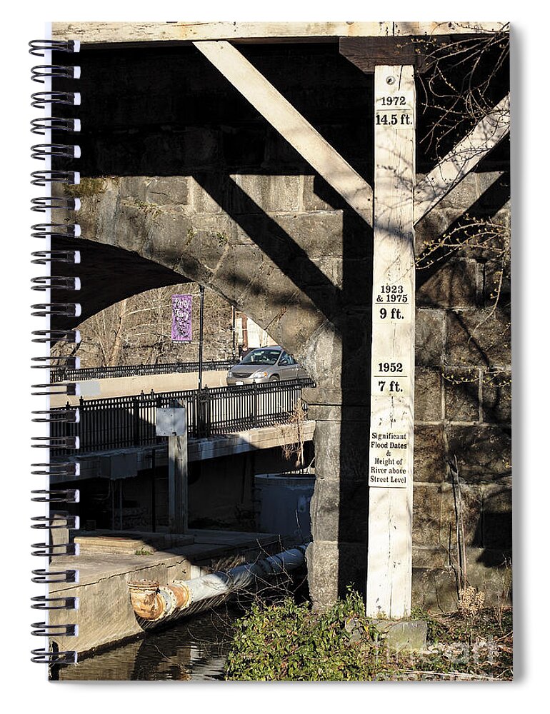 Ellicott City Spiral Notebook featuring the photograph Flood height sign at Ellicott City Maryland by William Kuta